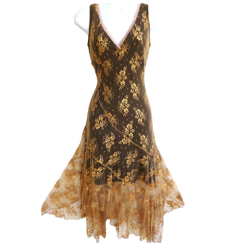 Whimsygoth Fairy Vintage 90s Y2K Slip Dress Metallic Lace Overlay Handkerchief S